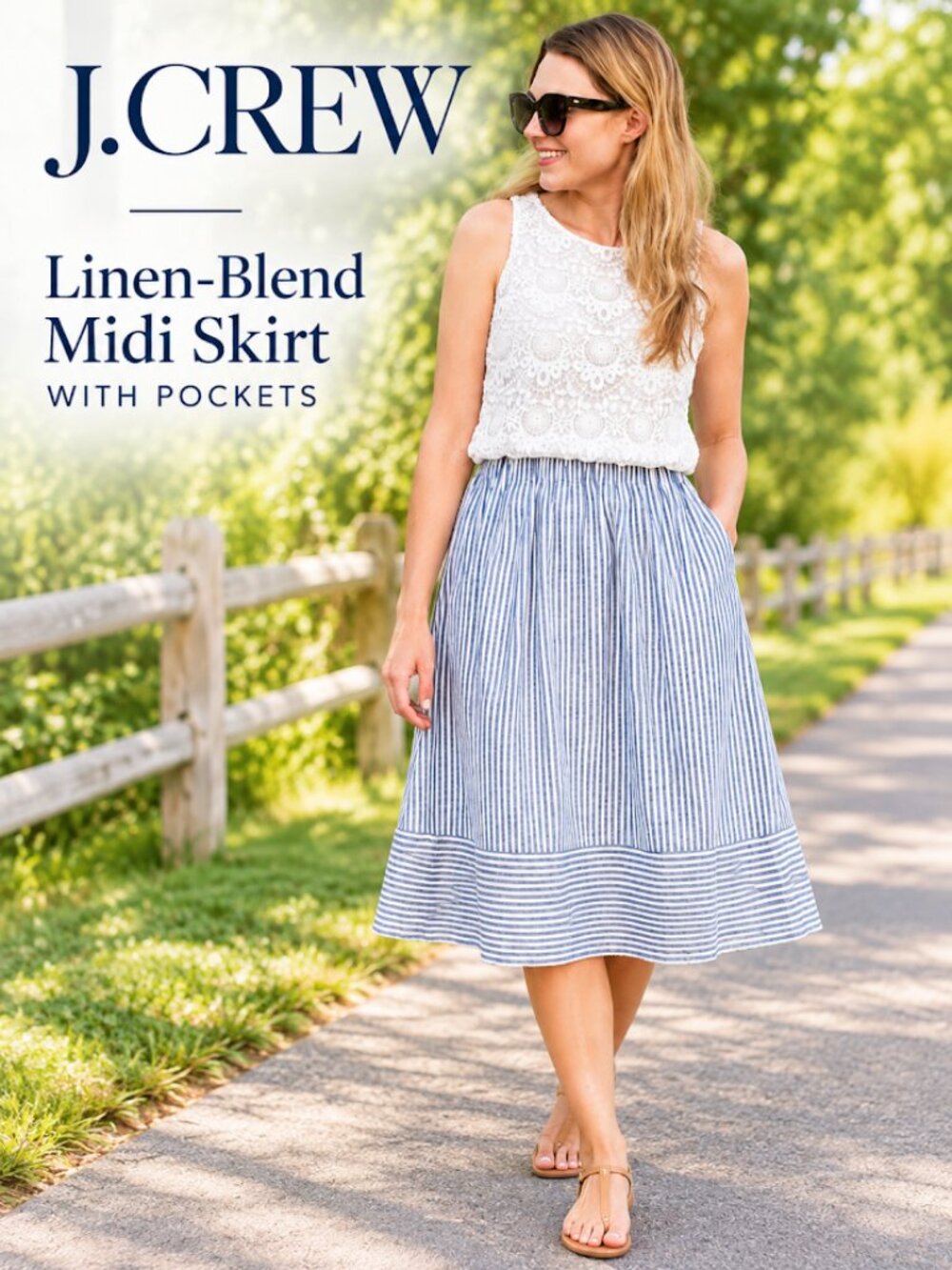 J.Crew Blue & White Striped Linen-Blend Midi Skirt with Pockets - Size M